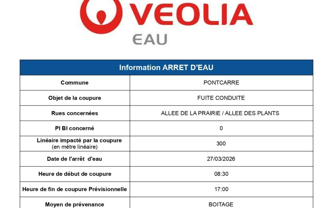 Avis d&rsquo;arrêt d&rsquo;eau – Vendredi 27 mars 2026