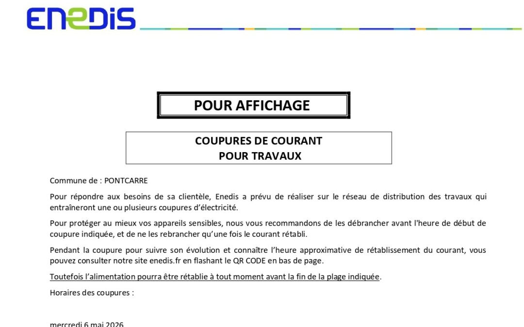 Avis de coupure d&rsquo;éléctricité – Mercredi 6 mai 2026