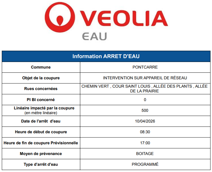 Avis d’arrêt d’eau – Vendredi 10 avril 2026