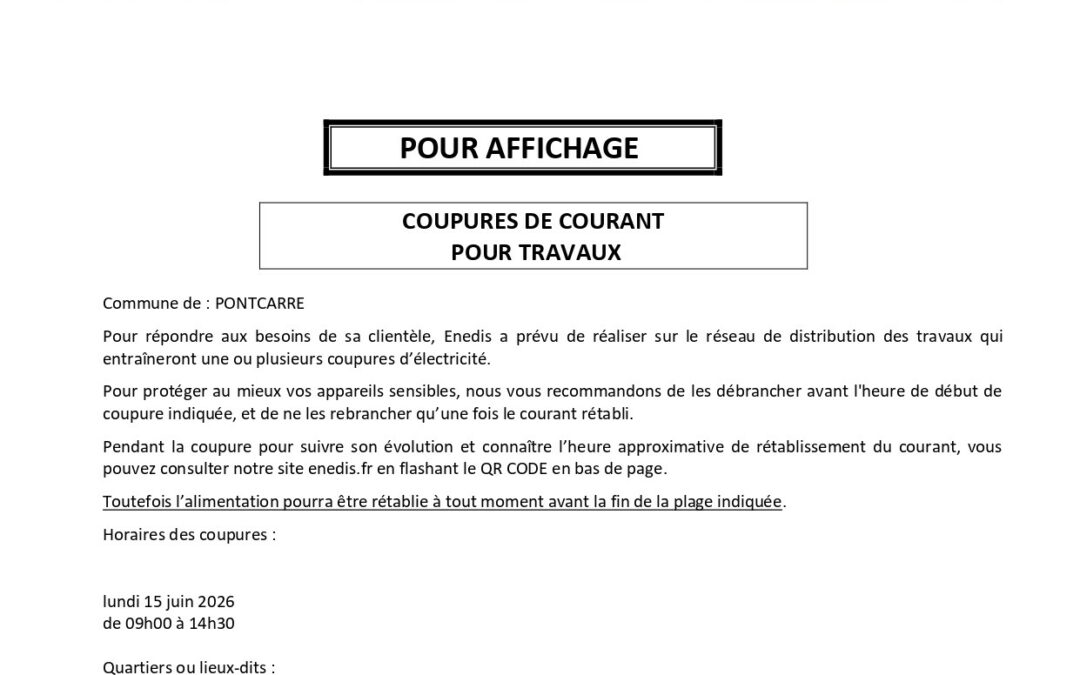 15 juin 2026 : avis de coupure d&rsquo;éléctricité
